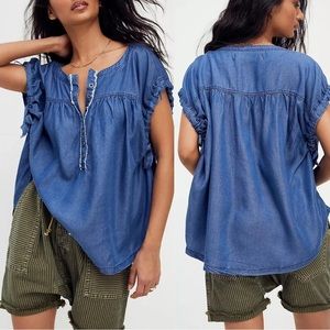 Free People Summer Love Denim Chambray Oversized Sleeveless Henley Tunic M